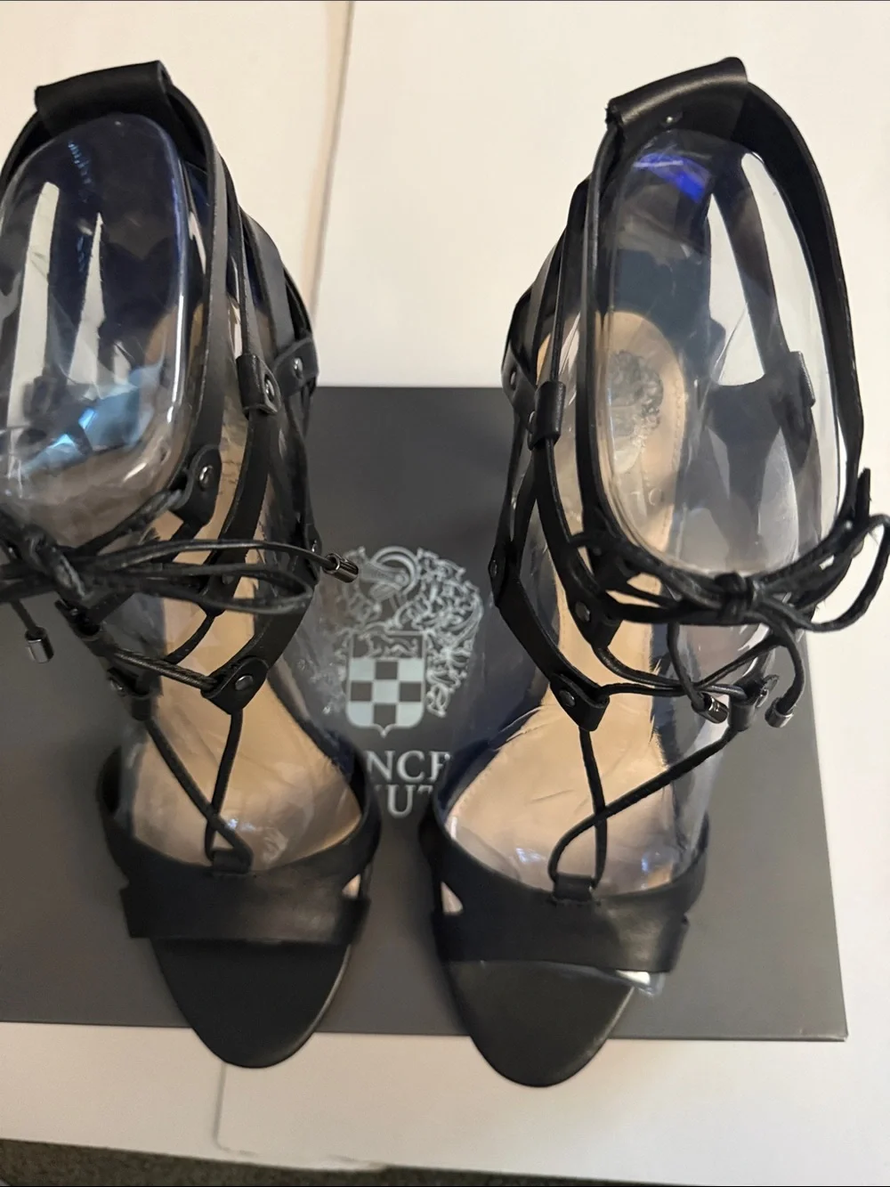 NWT VINCE CAMUTO CLARAN Black Leather Lace-Up High Heel Sandals, 9/39